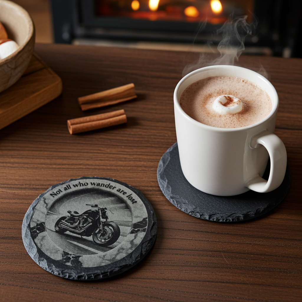 Set of 4, Slate Drink Coasters - 3d effect- Motorbike and life quote, with bumper feet.