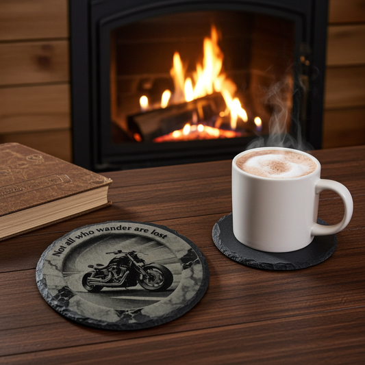 Set of 4, Slate Drink Coasters - 3d effect- Motorbike and life quote, with bumper feet.