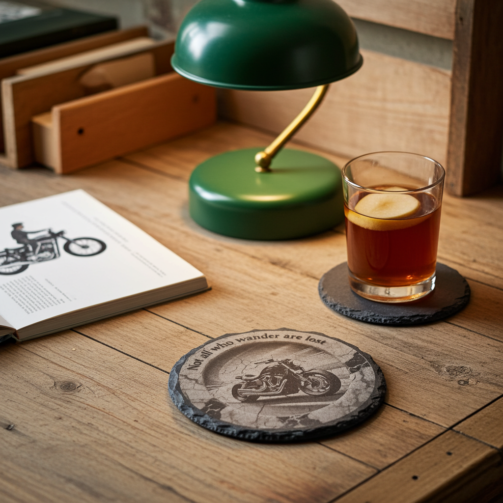 Set of 4, Slate Drink Coasters - 3d effect- Motorbike and life quote, with bumper feet.