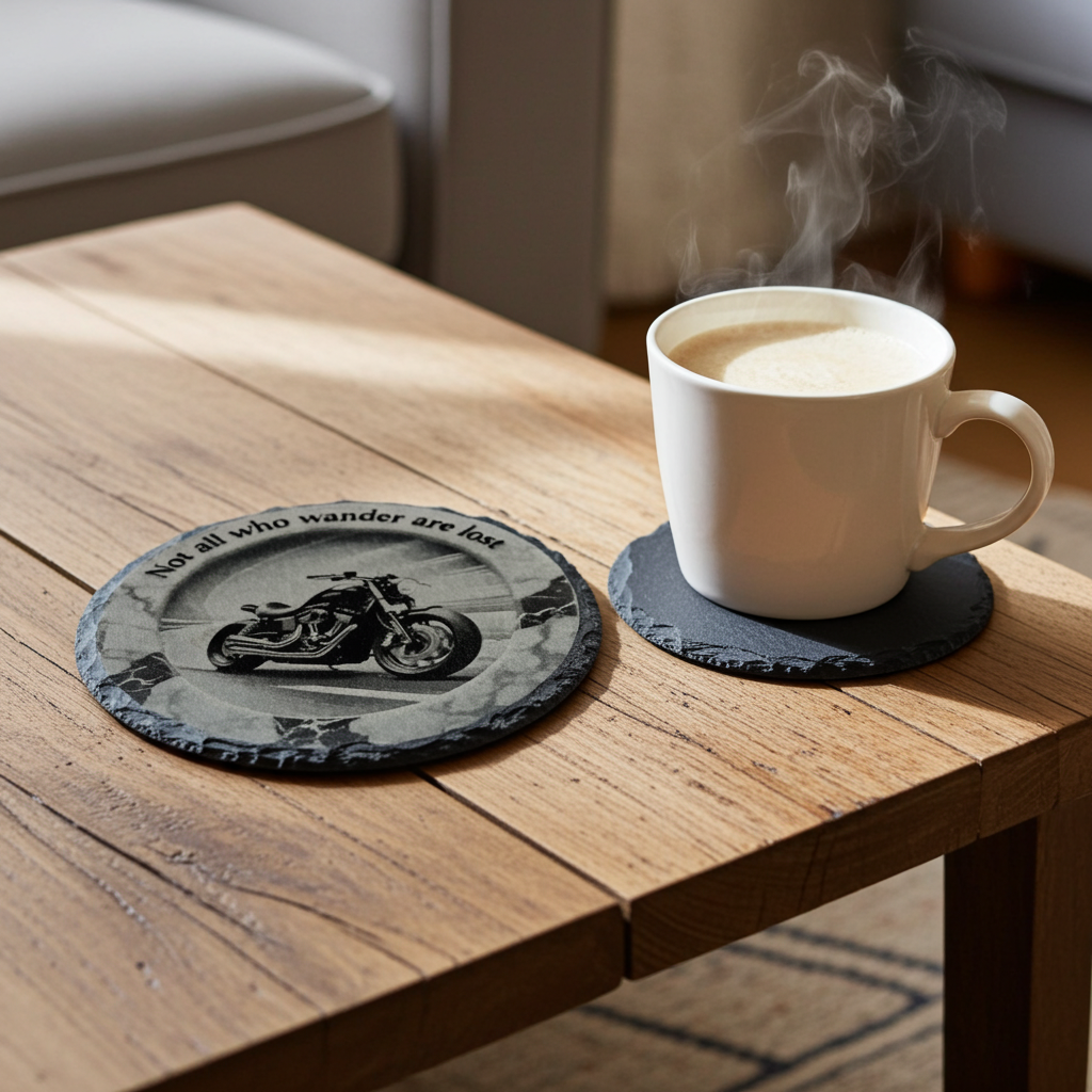 Set of 4, Slate Drink Coasters - 3d effect- Motorbike and life quote, with bumper feet.