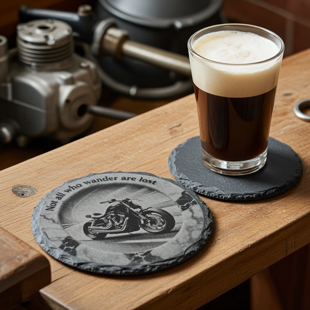 Set of 4, Slate Drink Coasters - 3d effect- Motorbike and life quote, with bumper feet.
