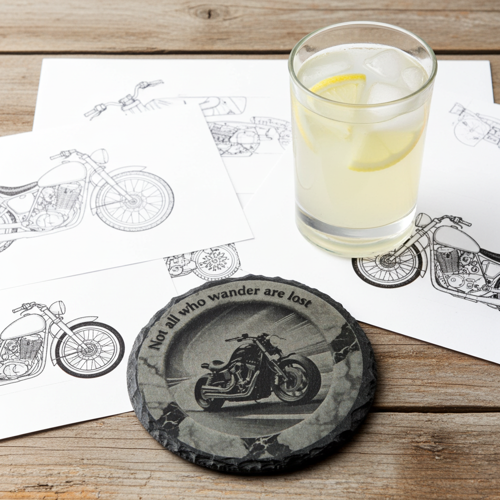 Set of 4, Slate Drink Coasters - 3d effect- Motorbike and life quote, with bumper feet.