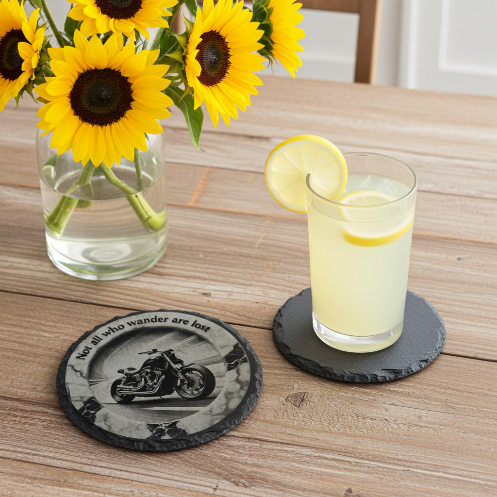 Set of 4, Slate Drink Coasters - 3d effect- Motorbike and life quote, with bumper feet.