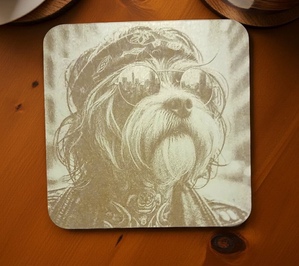 Set of 4,  Square - Cool Dog Dude - Wood Drink Coasters with Bumper Feet.