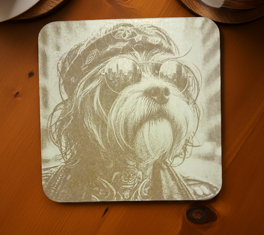 Set of 4,  Square - Cool Dog Dude - Wood Drink Coasters with Bumper Feet.
