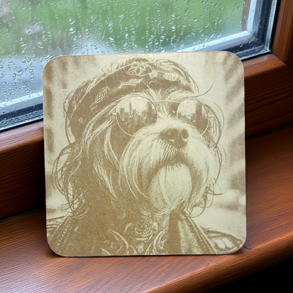 Set of 4,  Square - Cool Dog Dude - Wood Drink Coasters with Bumper Feet.