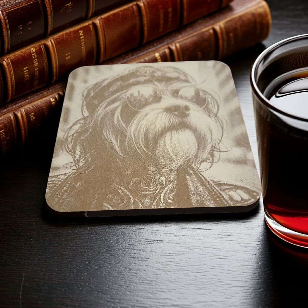 Set of 4,  Square - Cool Dog Dude - Wood Drink Coasters with Bumper Feet.