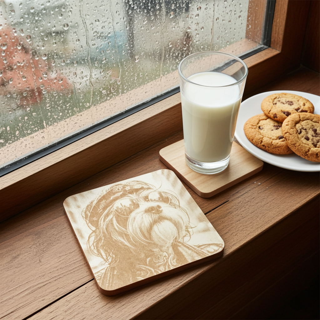 Set of 4,  Square - Cool Dog Dude - Wood Drink Coasters with Bumper Feet.