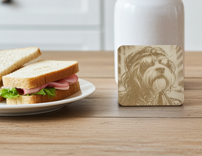 Set of 4,  Square - Cool Dog Dude - Wood Drink Coasters with Bumper Feet.