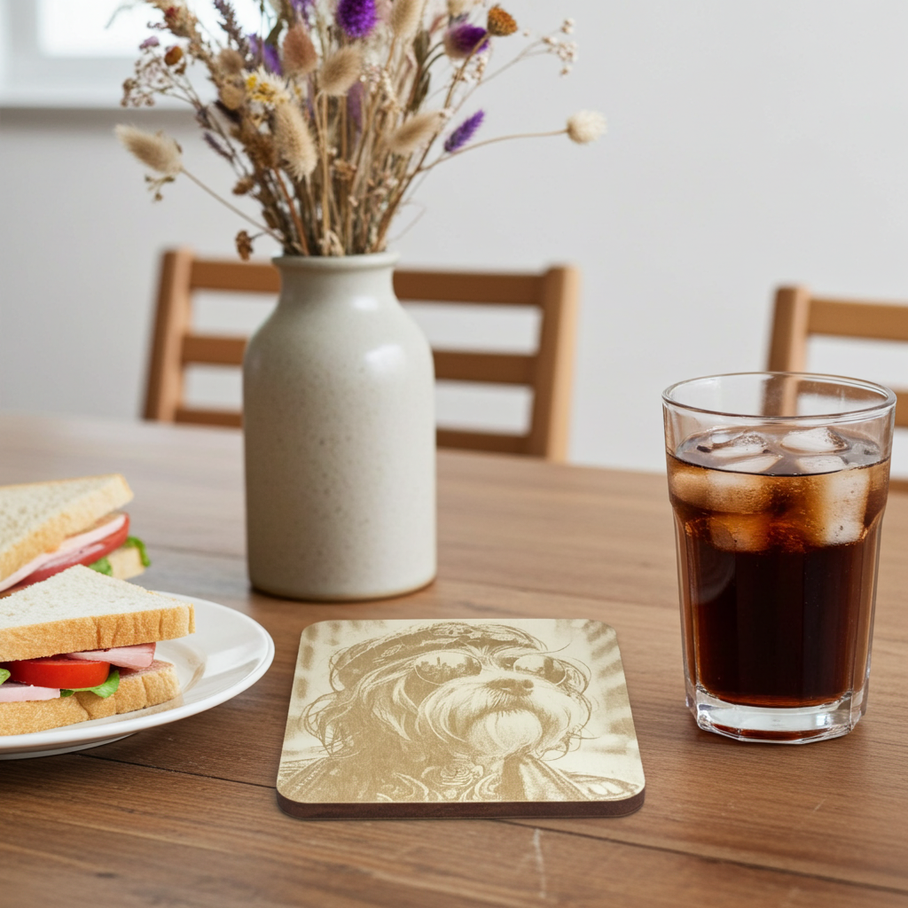 Set of 4,  Square - Cool Dog Dude - Wood Drink Coasters with Bumper Feet.