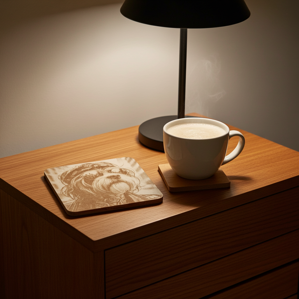 Set of 4,  Square - Cool Dog Dude - Wood Drink Coasters with Bumper Feet.