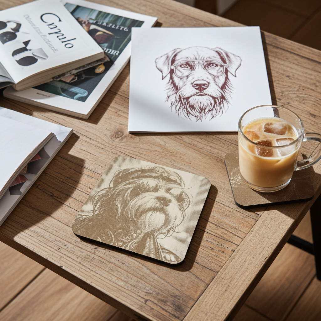 Set of 4,  Square - Cool Dog Dude - Wood Drink Coasters with Bumper Feet.