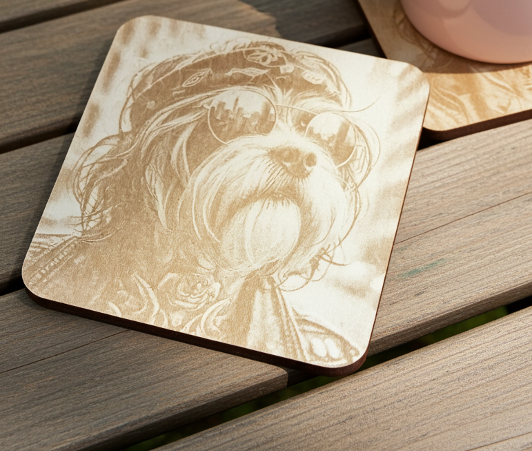 Set of 4,  Square - Cool Dog Dude - Wood Drink Coasters with Bumper Feet.