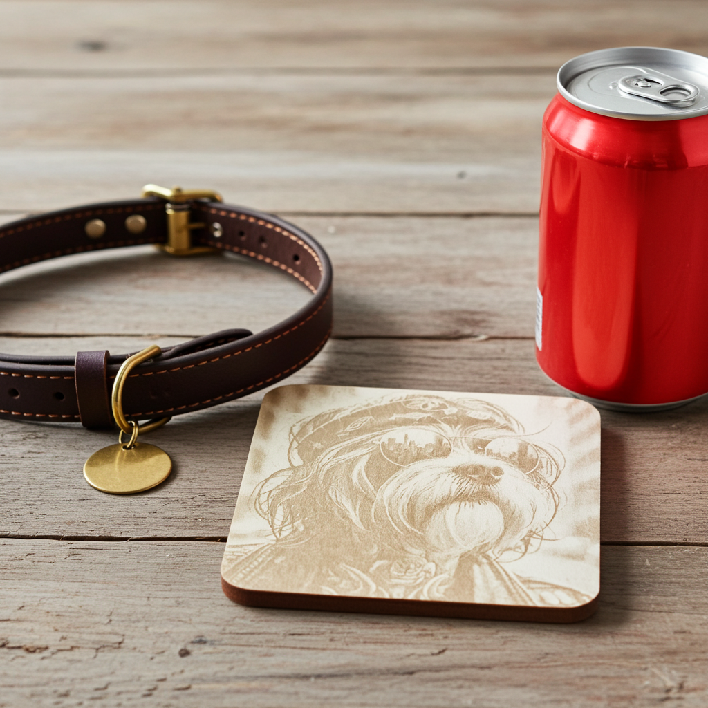 Set of 4,  Square - Cool Dog Dude - Wood Drink Coasters with Bumper Feet.
