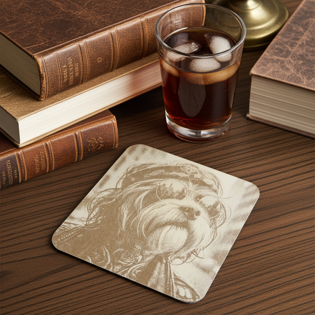 Set of 4,  Square - Cool Dog Dude - Wood Drink Coasters with Bumper Feet.