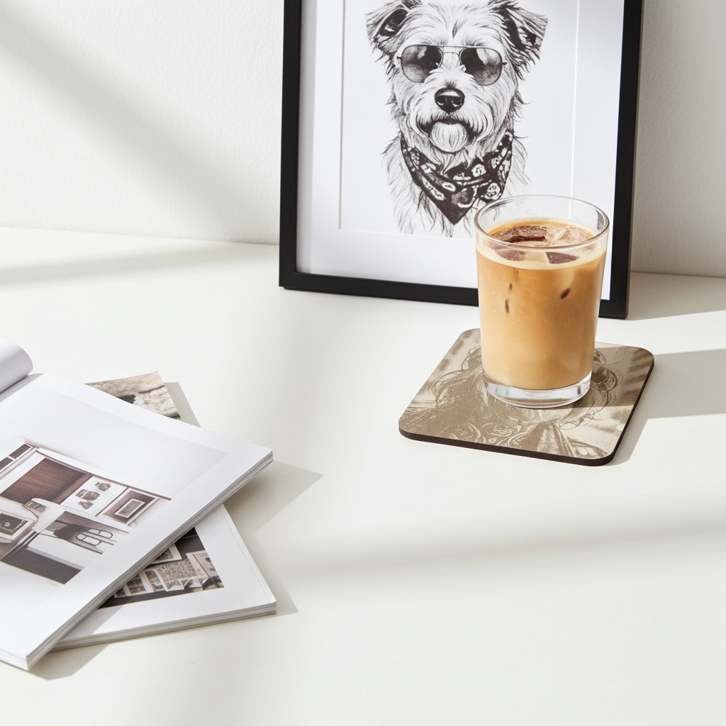 Set of 4,  Square - Cool Dog Dude - Wood Drink Coasters with Bumper Feet.