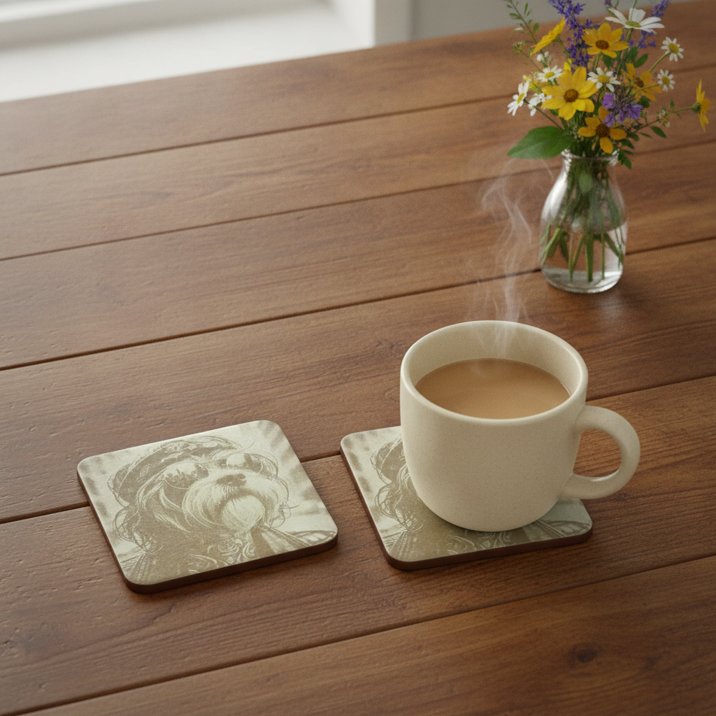 Set of 4, Square - Cool Dog Dude Engravings - Wood Drink Coaster,  Bumper Feet.