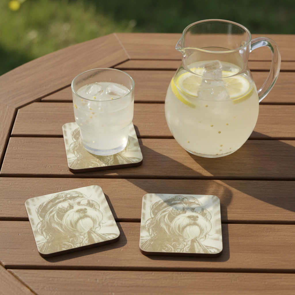 Set of 4, Square - Cool Dog Dude Engravings - Wood Drink Coaster,  Bumper Feet.