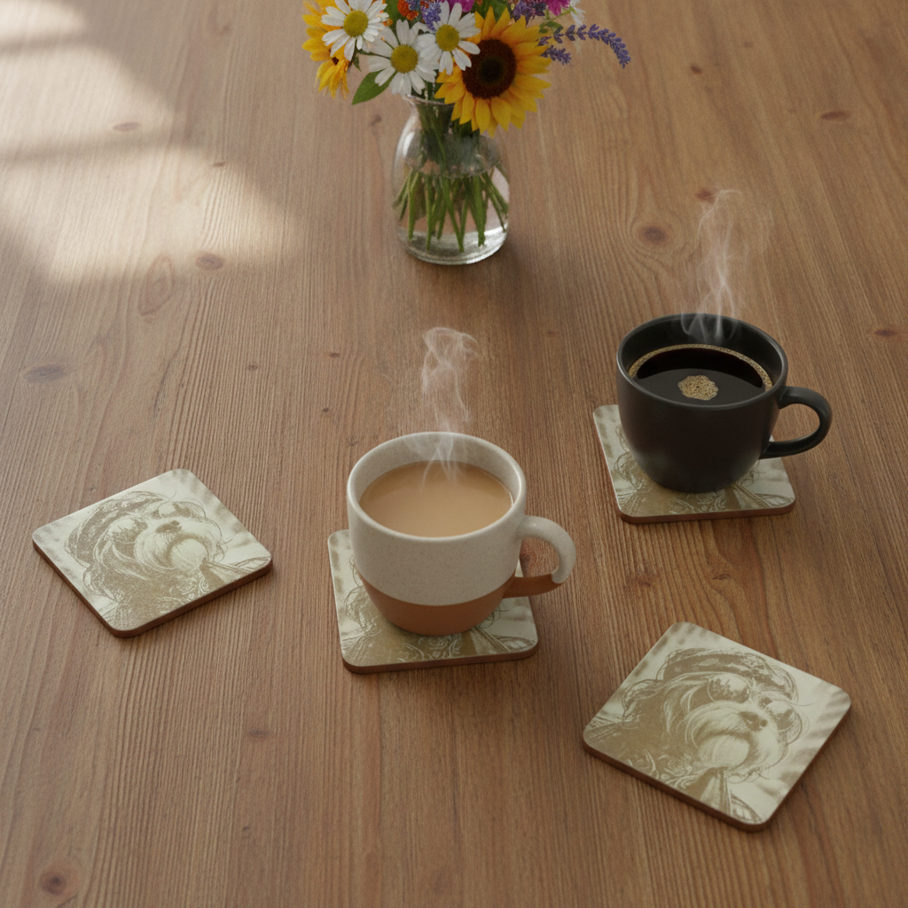 Set of 4, Square - Cool Dog Dude Engravings - Wood Drink Coaster,  Bumper Feet.