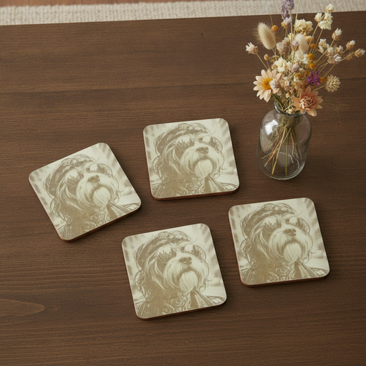 Set of 4, Square - Cool Dog Dude Engravings - Wood Drink Coaster,  Bumper Feet.