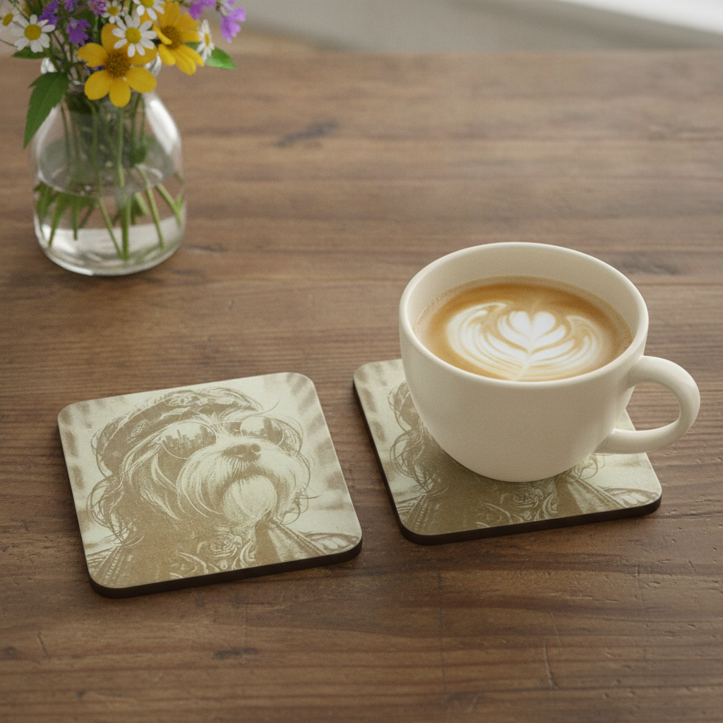 Set of 4, Square - Cool Dog Dude Engravings - Wood Drink Coaster,  Bumper Feet.