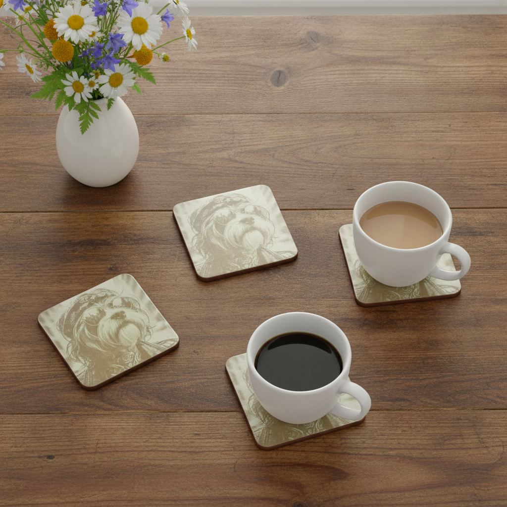 Set of 4, Square - Cool Dog Dude Engravings - Wood Drink Coaster,  Bumper Feet.