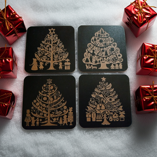 Set of 4, Square Wood Drink Coasters. Traditional Festive Tree Collection, with Bumper Feet.