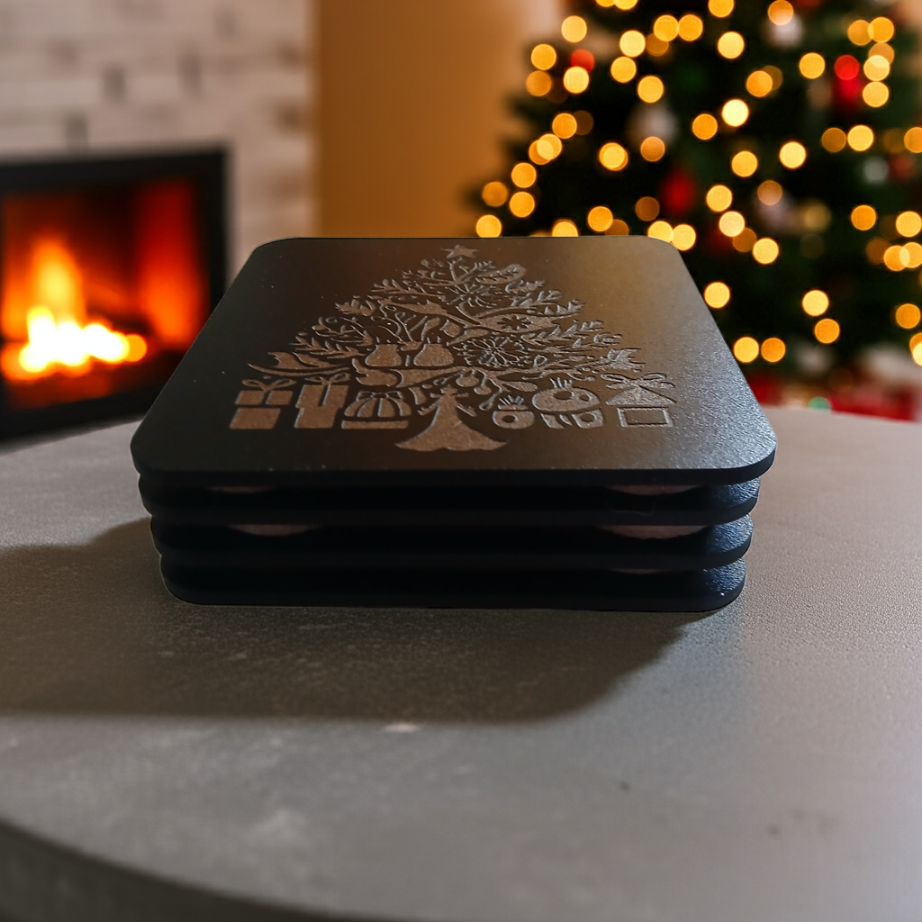 Set of 4, Square Wood Drink Coasters. Traditional Festive Tree Collection, with Bumper Feet.