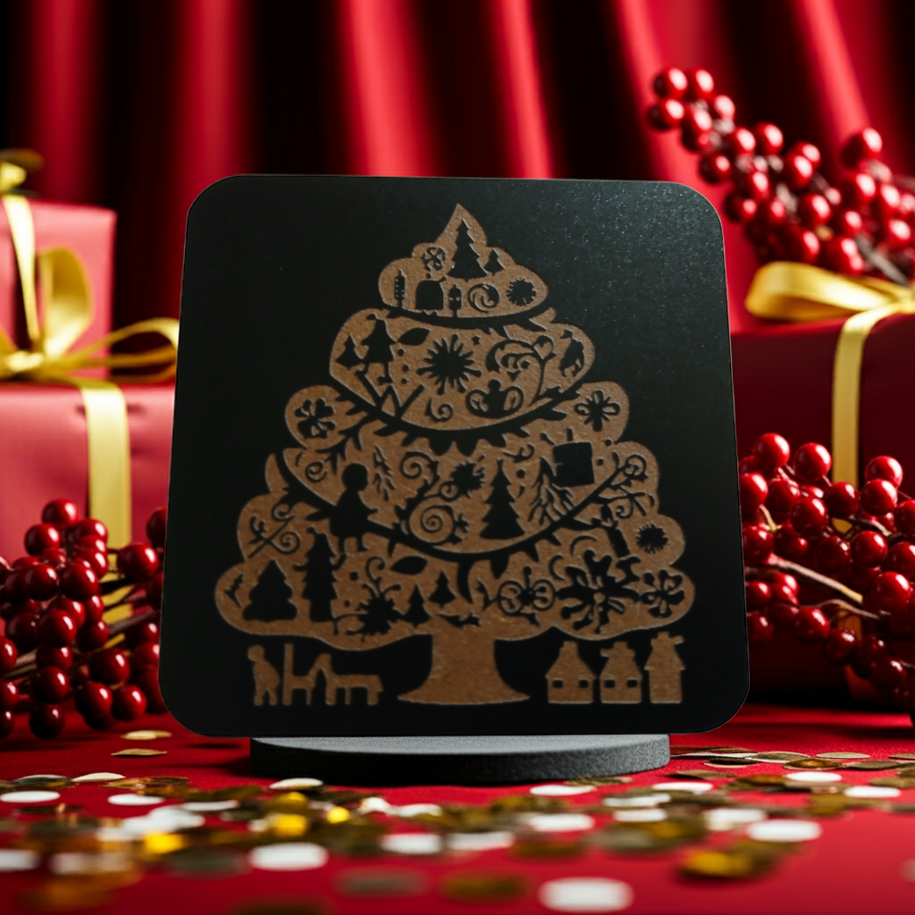 Set of 4, Square Wood Drink Coasters. Traditional Festive Tree Collection, with Bumper Feet.