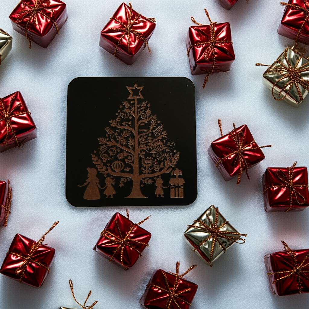 Set of 4, Square Wood Drink Coasters. Traditional Festive Tree Collection, with Bumper Feet.