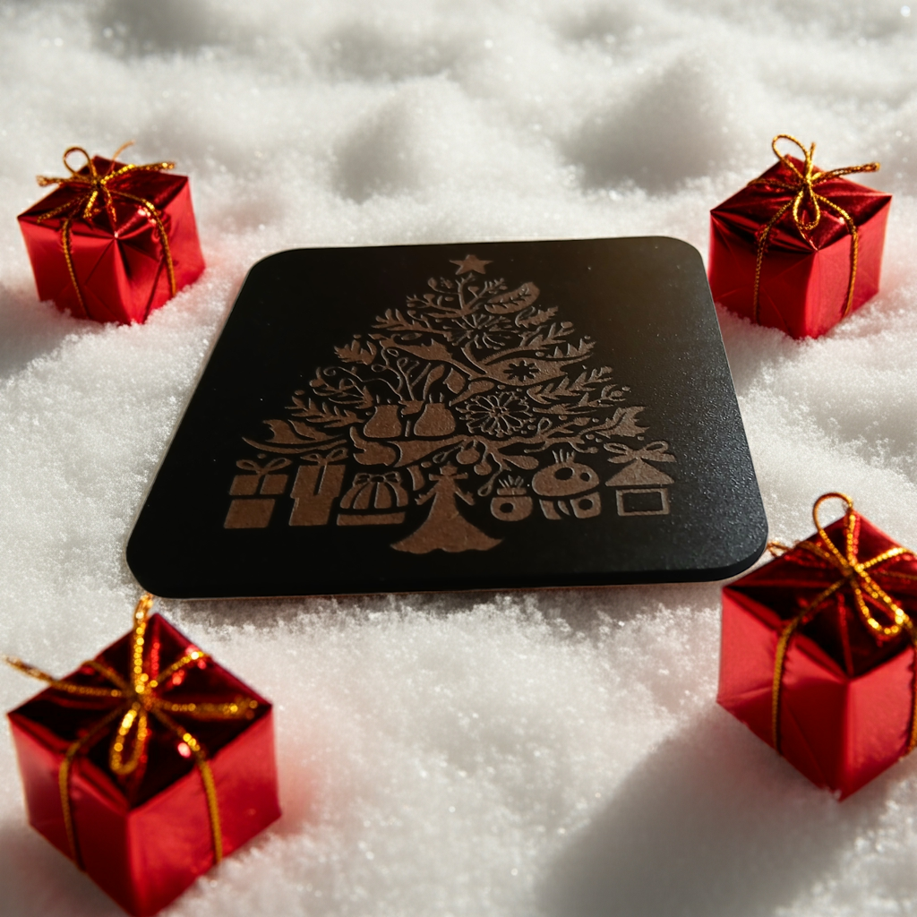 Set of 4, Square Wood Drink Coasters. Traditional Festive Tree Collection, with Bumper Feet.
