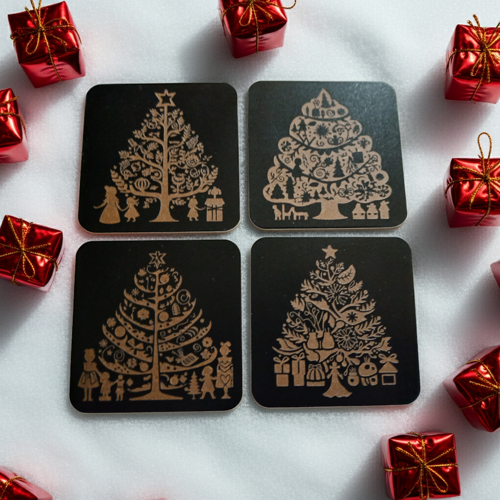 Set of 4, Square Wood Drink Coasters. Traditional Festive Tree Collection, with Bumper Feet.
