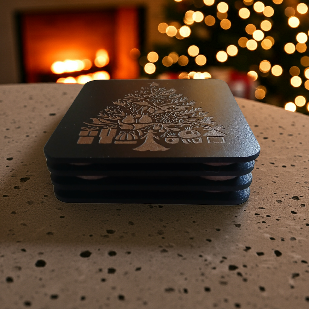 Set of 4, Square Wood Drink Coasters. Traditional Festive Tree Collection, with Bumper Feet.