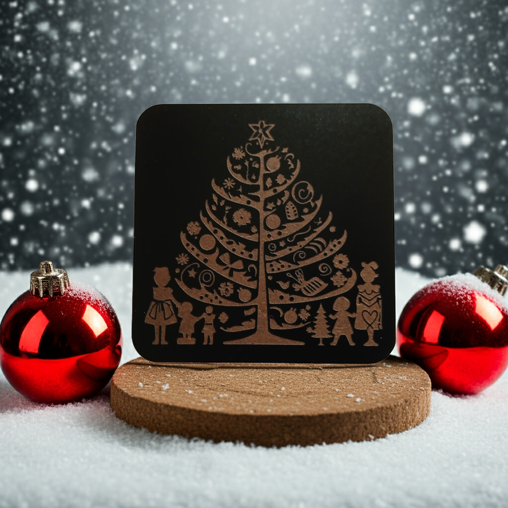 Set of 4, Square Wood Drink Coasters. Traditional Festive Tree Collection, with Bumper Feet.