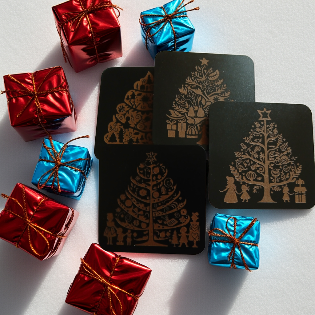 Set of 4, Square Wood Drink Coasters. Traditional Festive Tree Collection, with Bumper Feet.