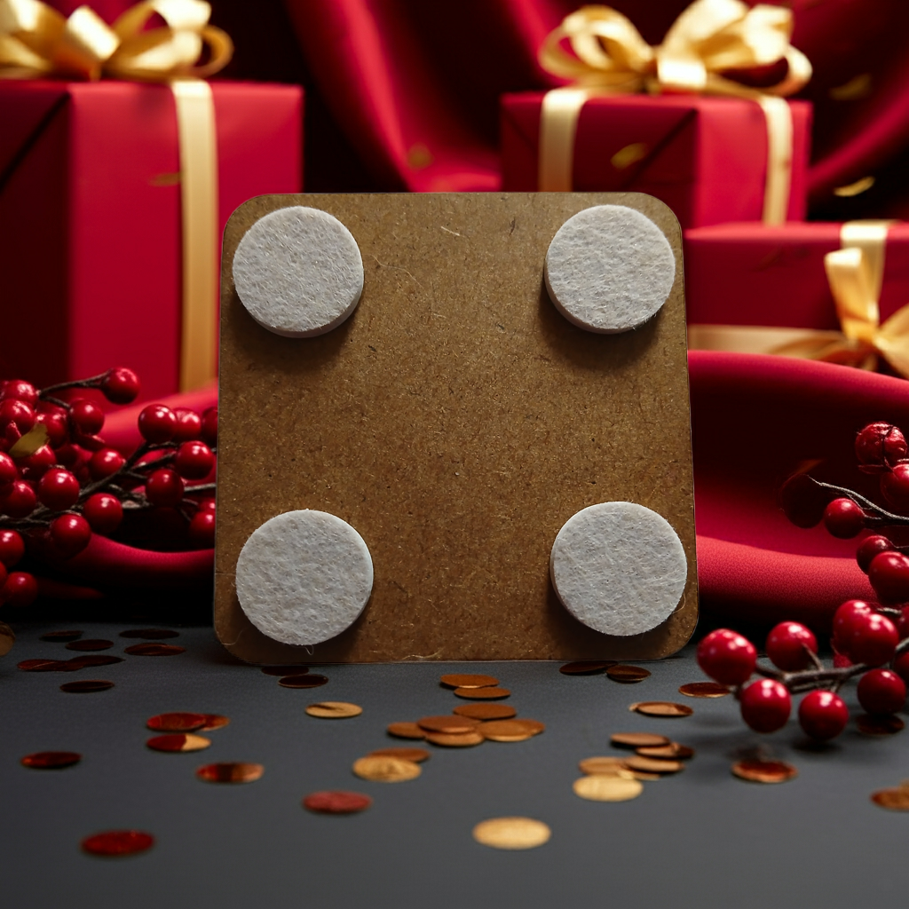 Set of 4, Square Wood Drink Coasters. Traditional Festive Tree Collection, with Bumper Feet.
