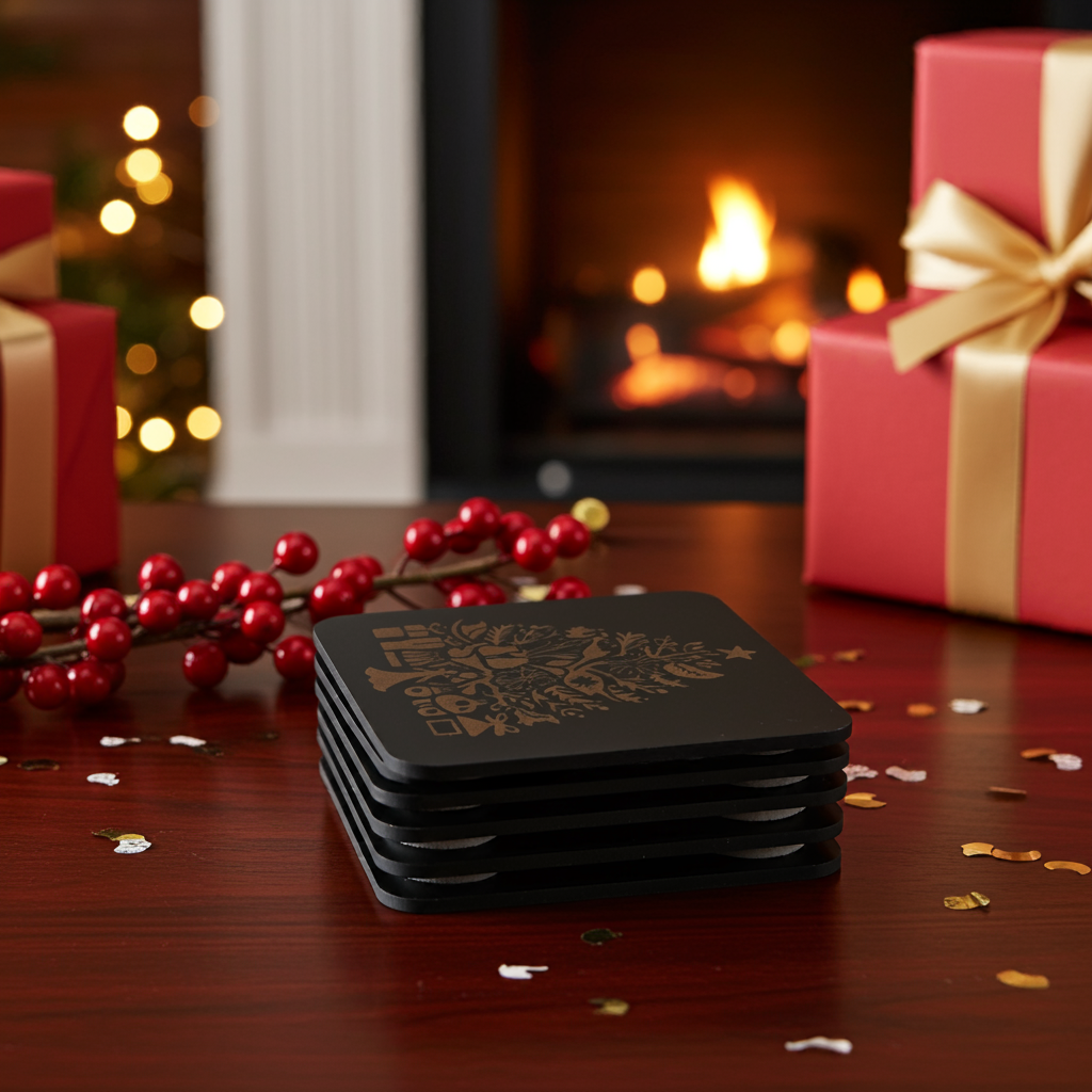Set of 4, Square Wood Drink Coasters. Traditional Festive Tree Collection, with Bumper Feet.