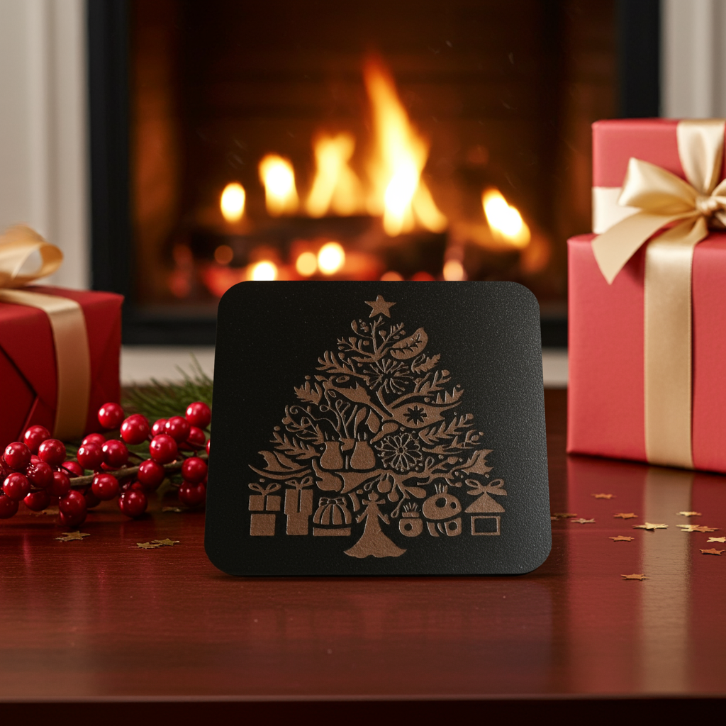 Set of 4, Square Wood Drink Coasters. Traditional Festive Tree Collection, with Bumper Feet.