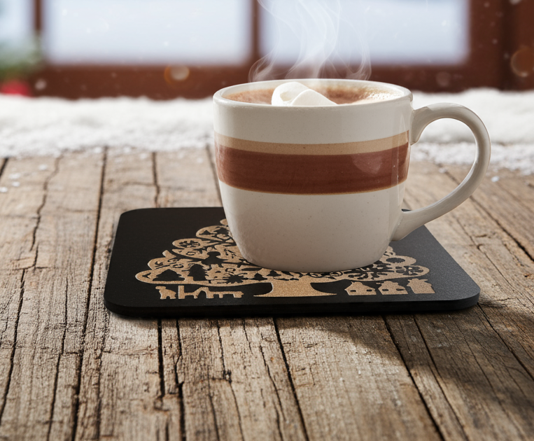 Set of 4, Square Wood Drink Coasters. Traditional Festive Tree Collection, with Bumper Feet.