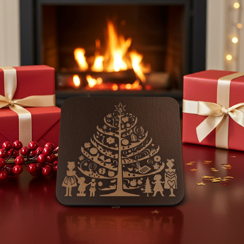 Set of 4, Square Wood Drink Coasters. Traditional Festive Tree Collection, with Bumper Feet.