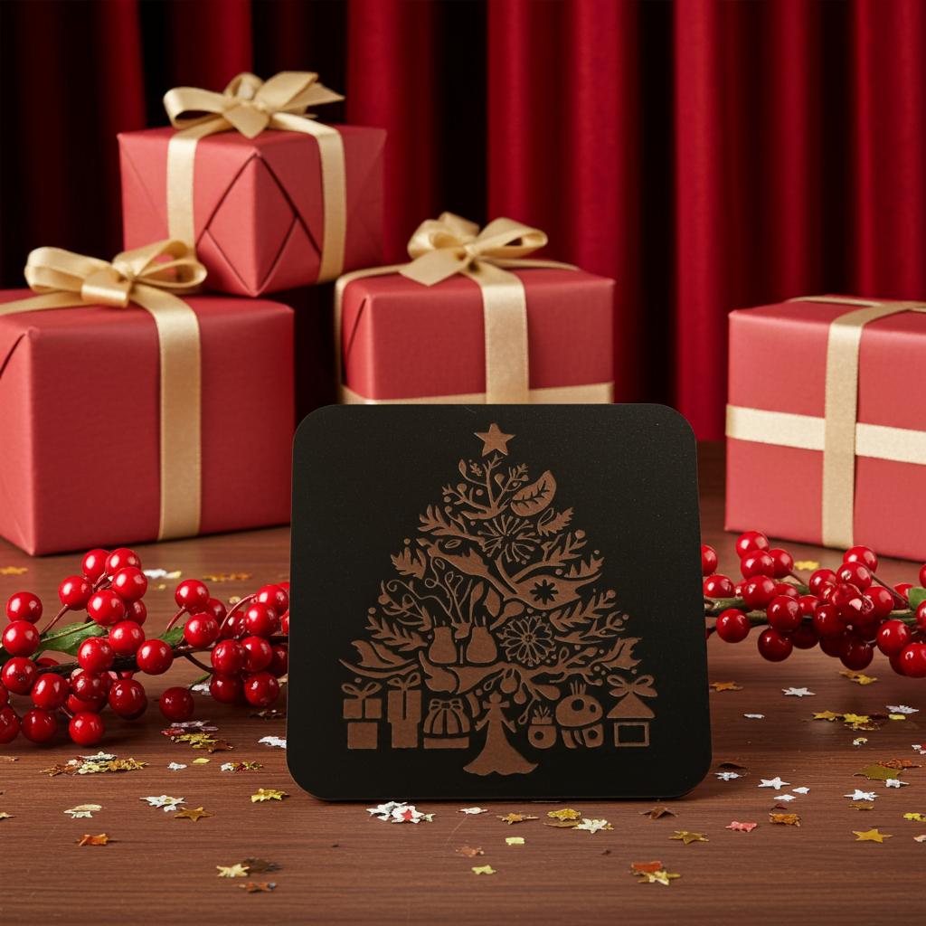 Set of 4, Square Wood Drink Coasters. Traditional Festive Tree Collection, with Bumper Feet.