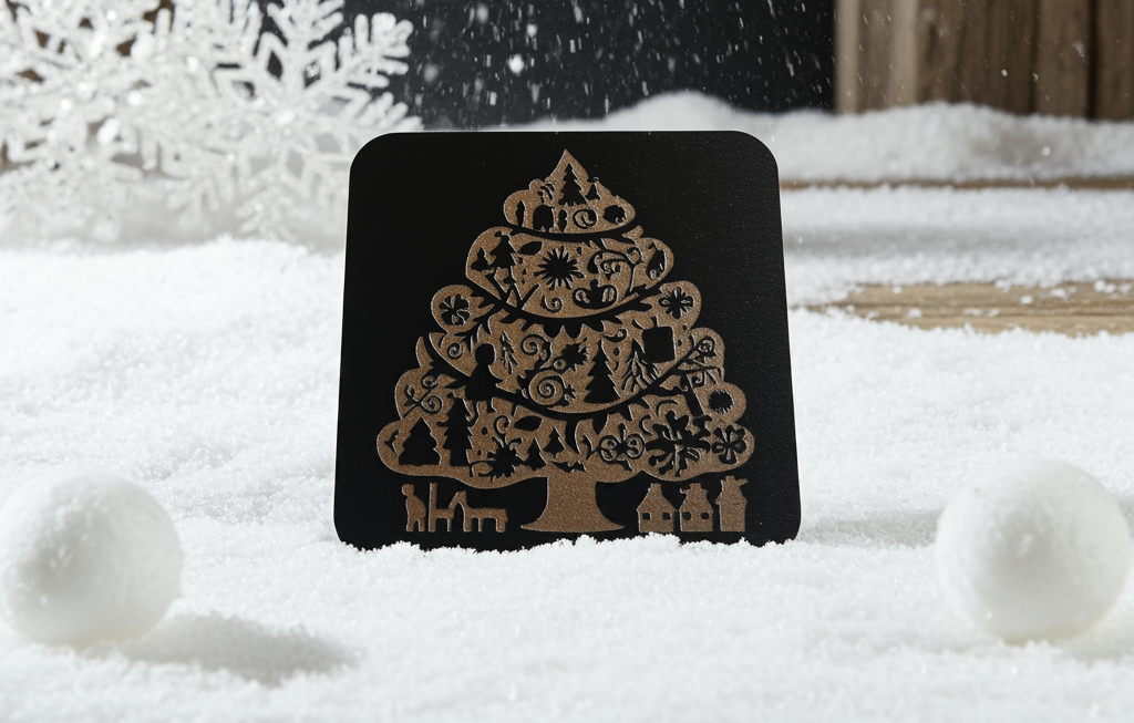 Set of 4, Square Wood Drink Coasters. Traditional Festive Tree Collection, with Bumper Feet.