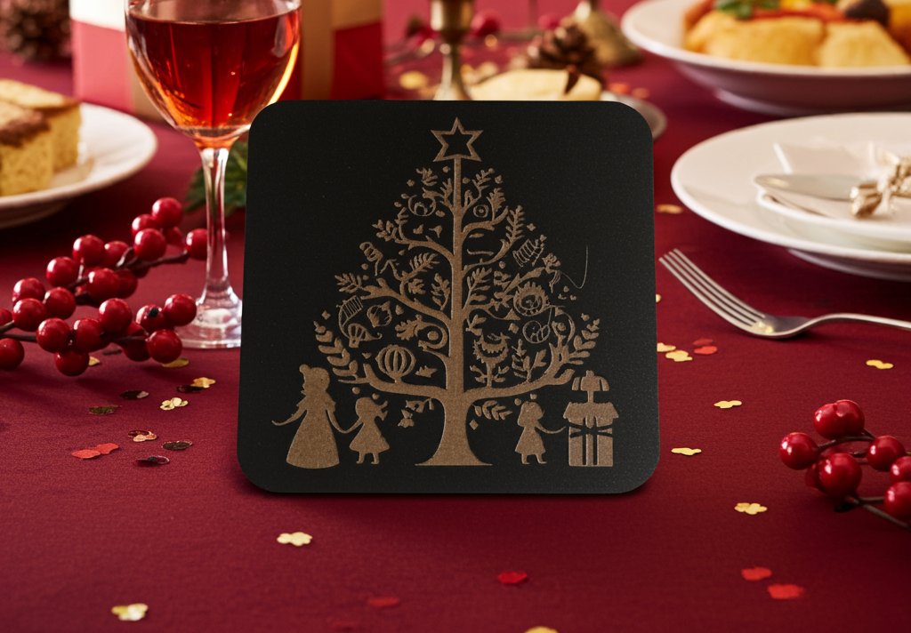 Set of 4, Square Wood Drink Coasters. Traditional Festive Tree Collection, with Bumper Feet.