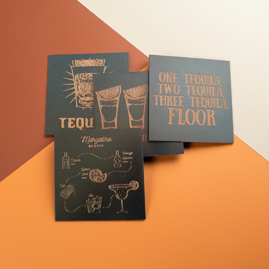 Set of 4, Tequila Themed Drink Coasters, Square, 9.5cm, with bumper feet