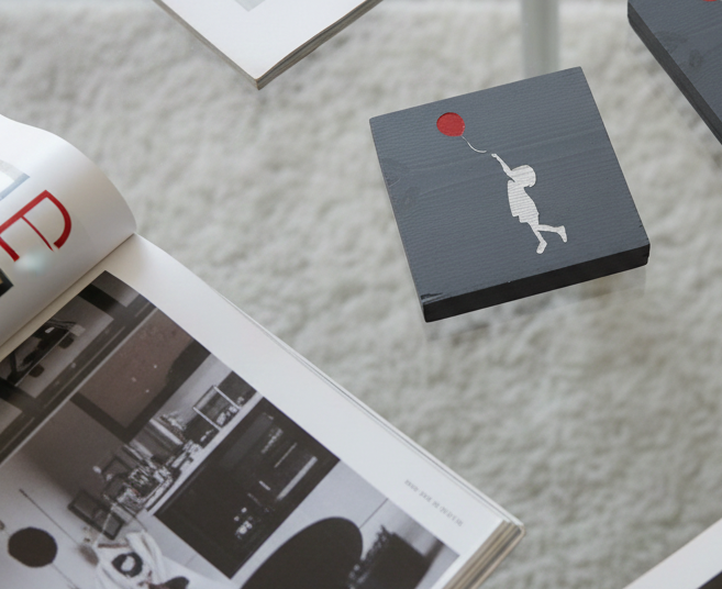 Set of 4, Thick Grey Pine Dyed Drink Coasters- Banksy Style- Girl with a Balloon. Hand Painted.