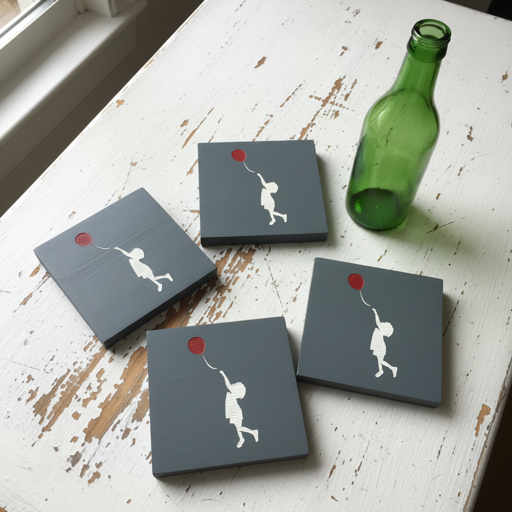 Set of 4, Thick Grey Pine Dyed Drink Coasters- Banksy Style- Girl with a Balloon. Hand Painted.