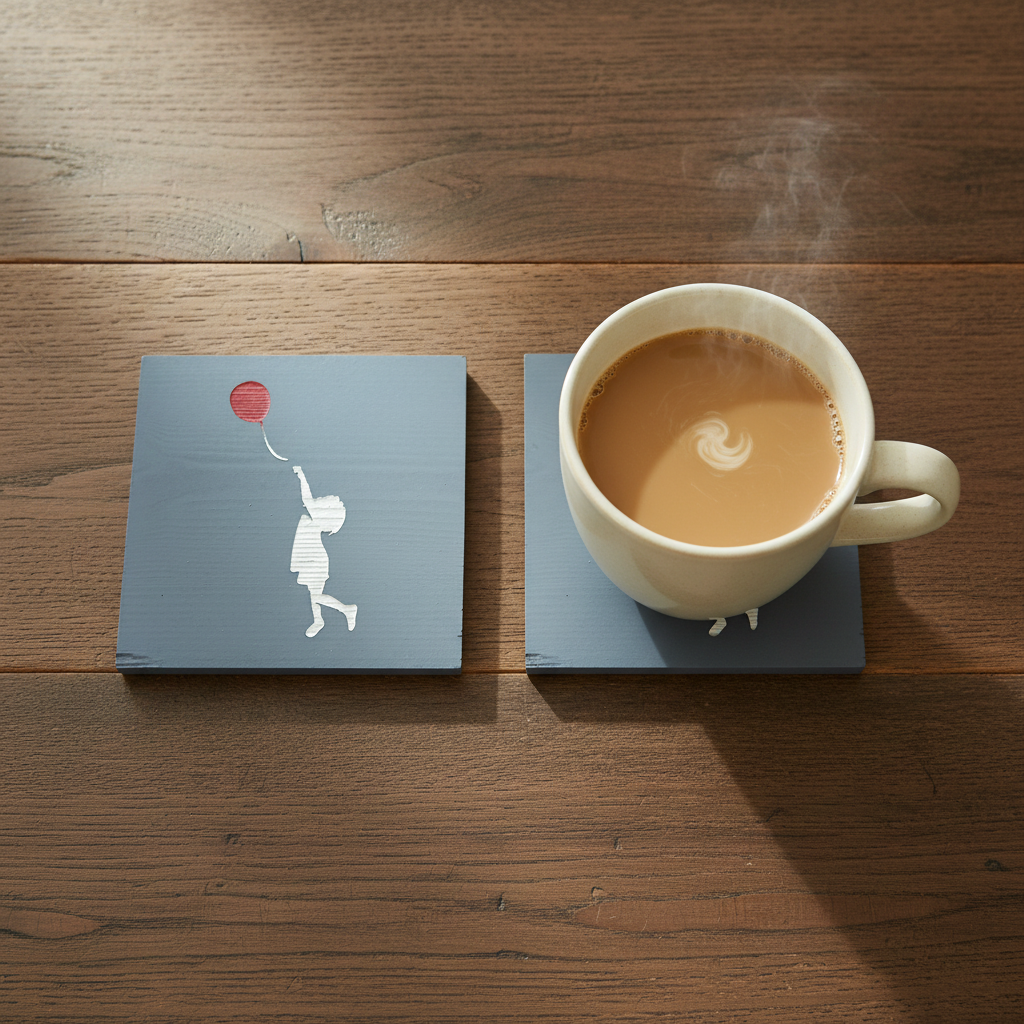 Set of 4, Thick Grey Pine Dyed Drink Coasters- Banksy Style- Girl with a Balloon. Hand Painted.