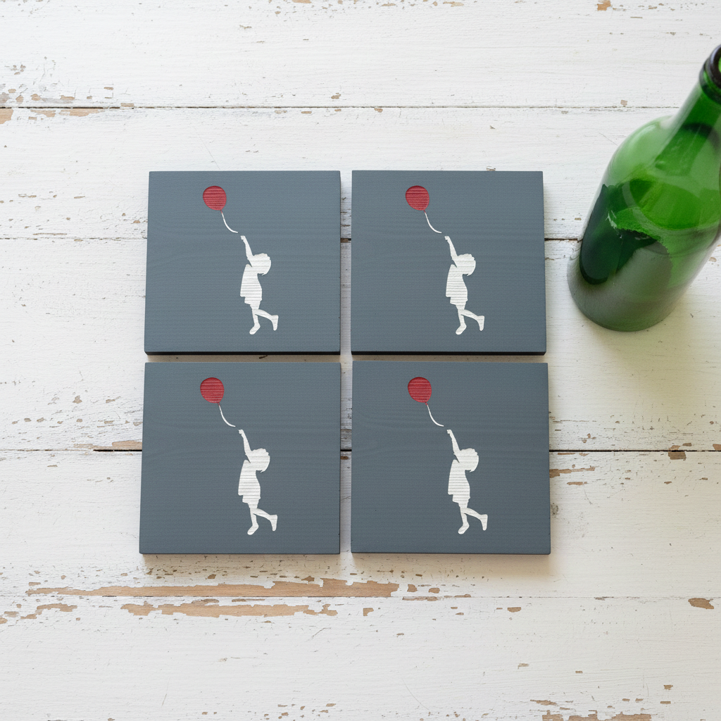 Set of 4, Thick Grey Pine Dyed Drink Coasters- Banksy Style- Girl with a Balloon. Hand Painted.
