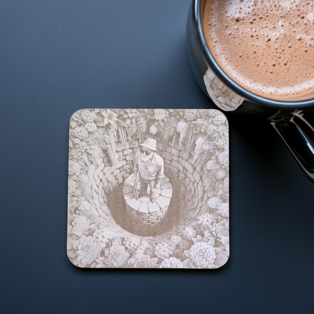 Set of 4, White Wood Drink Coasters -3d effect- Man in a well collection, with bumper feet.