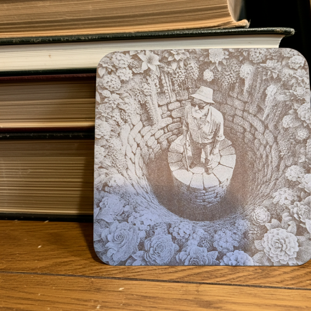 Set of 4, White Wood Drink Coasters -3d effect- Man in a well collection, with bumper feet.